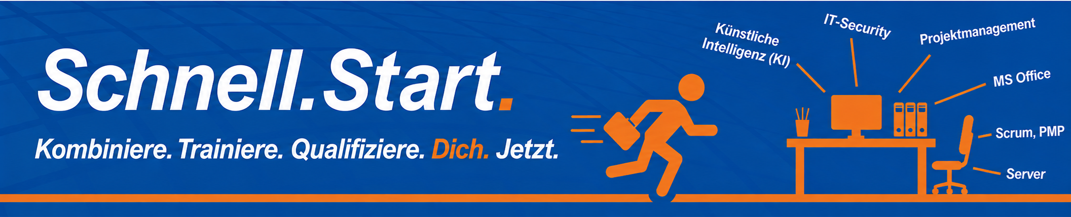 Hero-Banner von Academy NH Süd mit dem Slogan „Schnell.Start.“. Eine stilisierte Person läuft mit einer Aktentasche zu einem modernen Büroarbeitsplatz. Der Arbeitsplatz steht für IT-Weiterbildungen in Künstlicher Intelligenz (KI), IT-Security, Projektmanagement, Scrum, PMP, Microsoft Office und Server-Technologien.